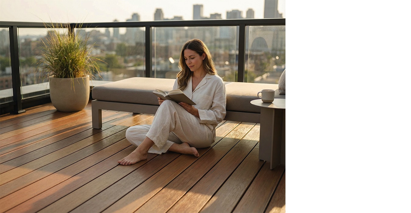 Inspiration de terrasse Fiberdeck Exotics en situation — panachage des teintes Ipé