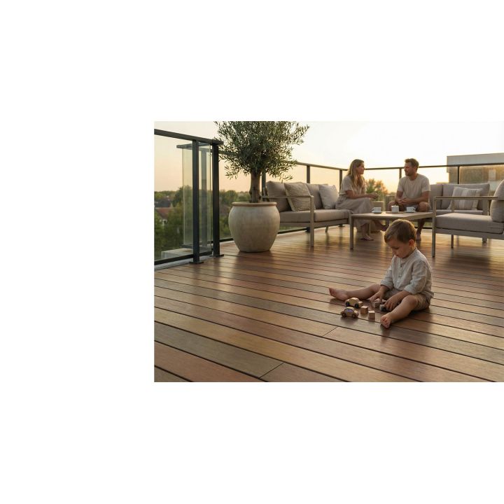 Inspiration de terrasse Fiberdeck Exotics en situation — panachage des teintes Ipé