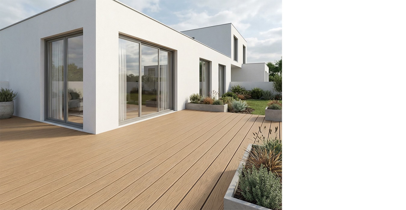 Inspiration de terrasse Fiberdeck Harmony en situation — visuel de la gamme, coloris illustratif