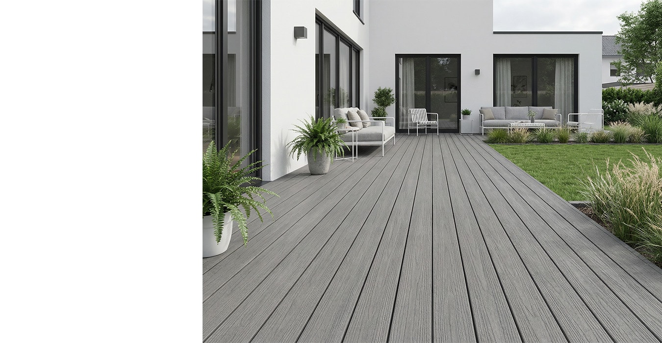 Inspiration de terrasse Fiberdeck Harmony en situation — visuel de la gamme, coloris illustratif