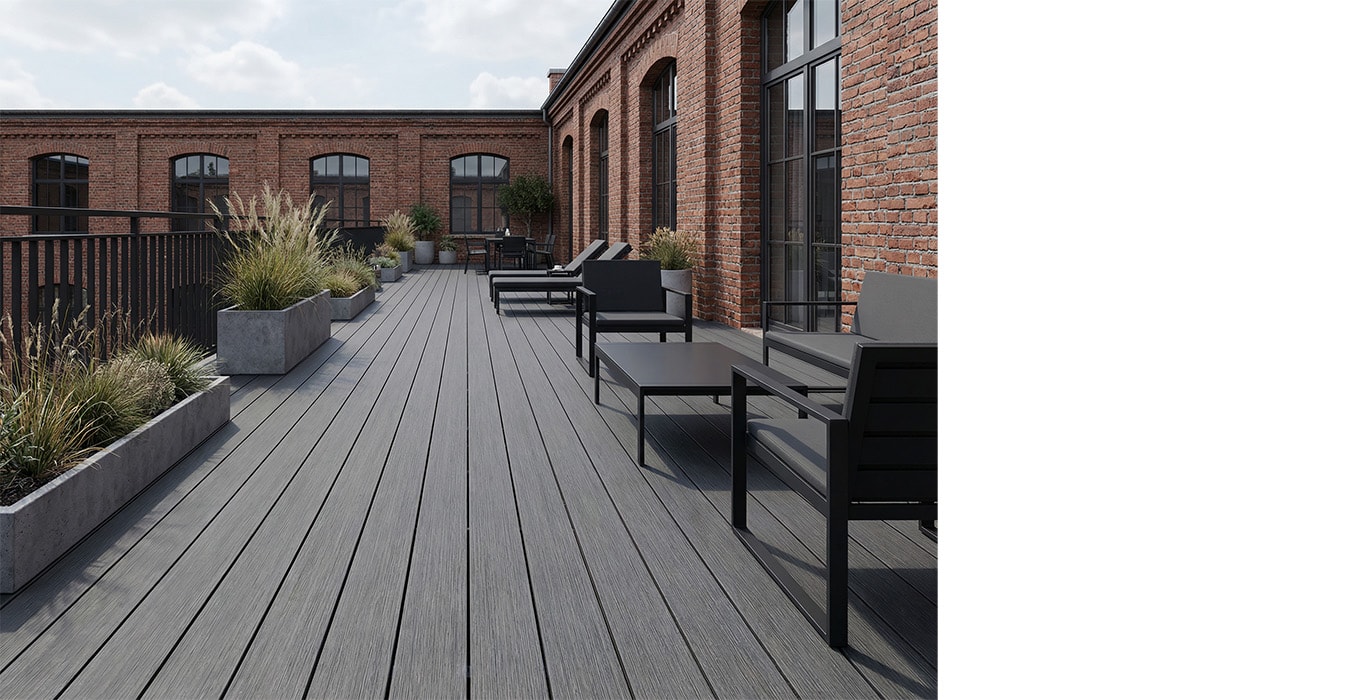 Inspiration de terrasse Fiberdeck Vintage en situation — visuel de la gamme, coloris illustratif