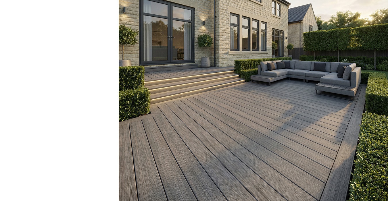 Inspiration de terrasse Fiberdeck Vintage en situation — visuel de la gamme, coloris illustratif