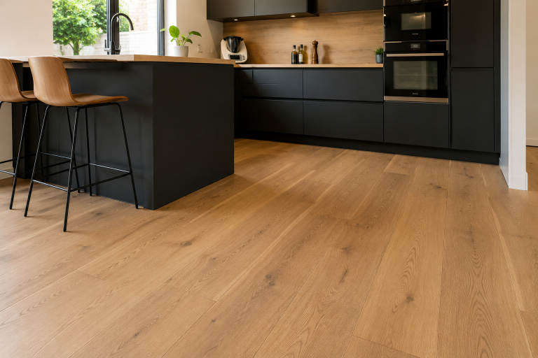 Cuisine moderne avec parquet chêne compatible cuisine et usage quotidien
