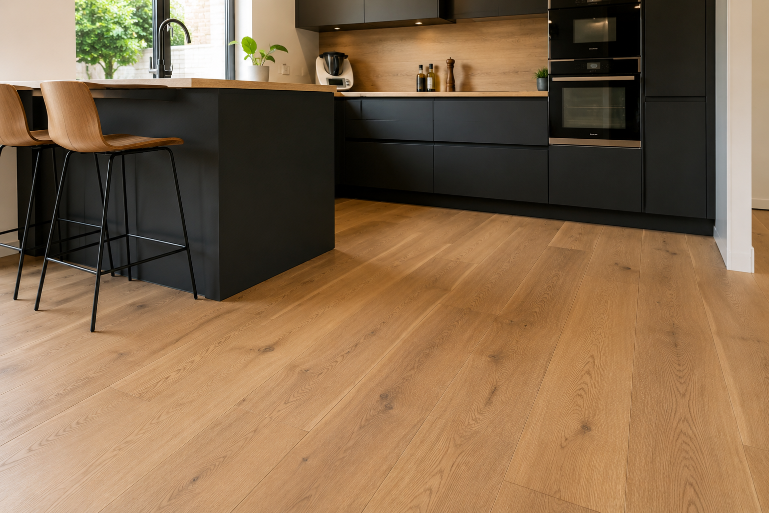 Cuisine moderne avec parquet chêne compatible cuisine et usage quotidien