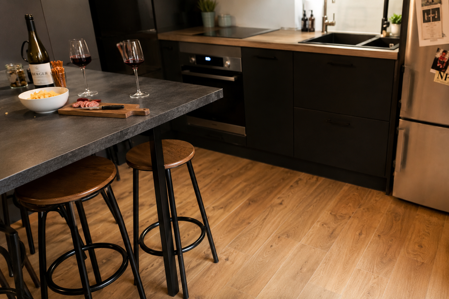 Cuisine moderne avec parquet bois au sol et espace repas convivial