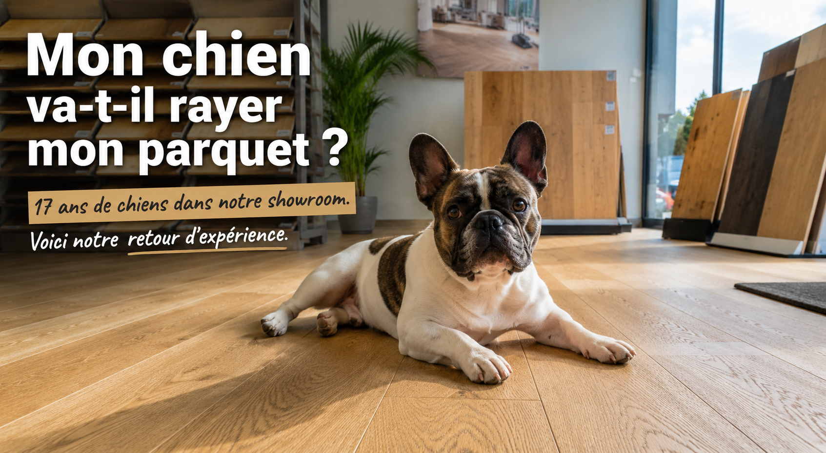 Bouledogue français couché sur un parquet dans un showroom de parquet à Reims