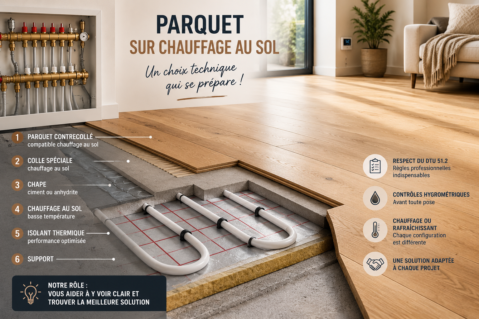 Parquet contrecollé compatible chauffage au sol exposé dans le showroom Sols & Nature à Reims