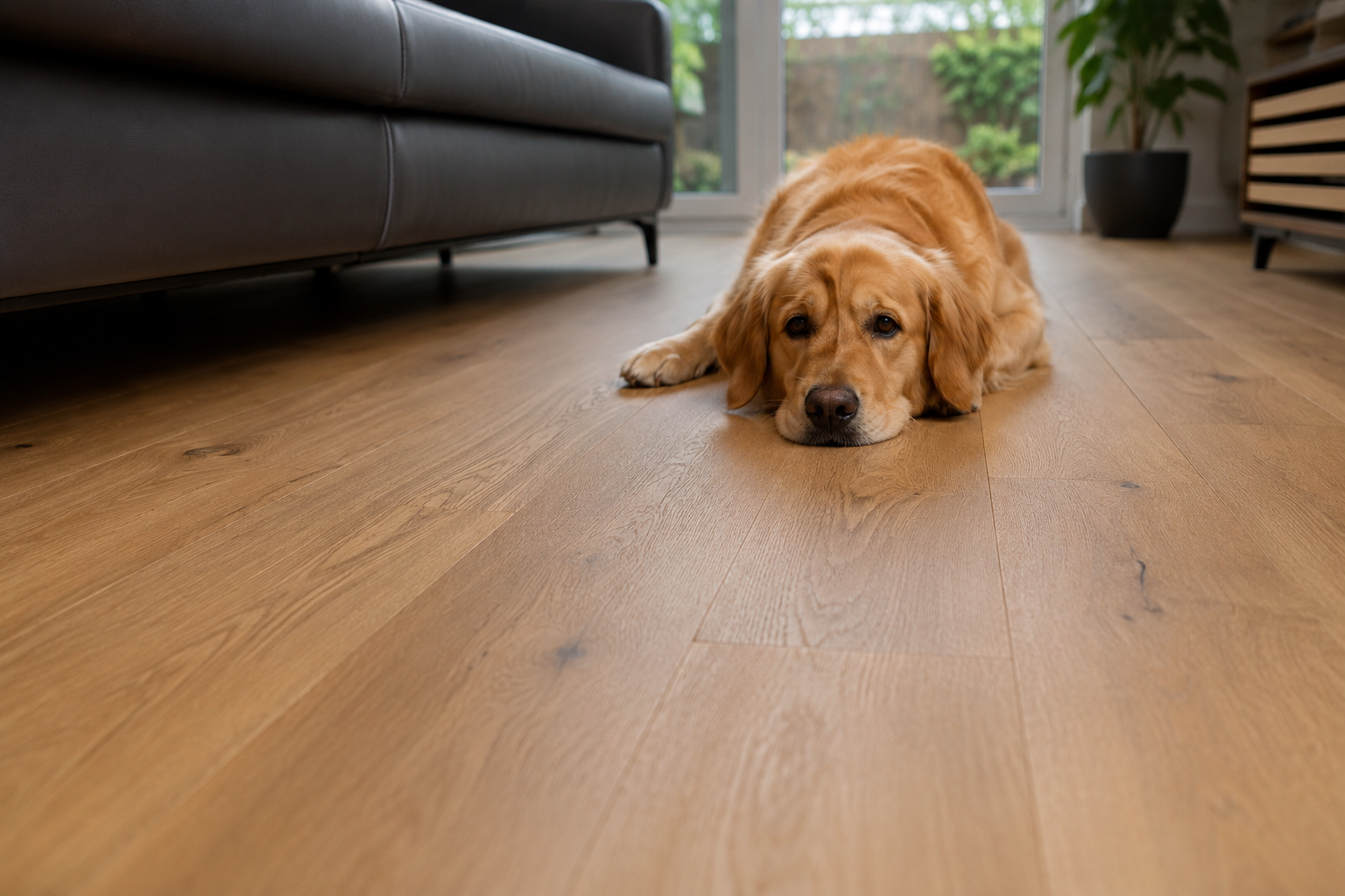 Chien allongé sur un parquet chêne résistant dans un salon