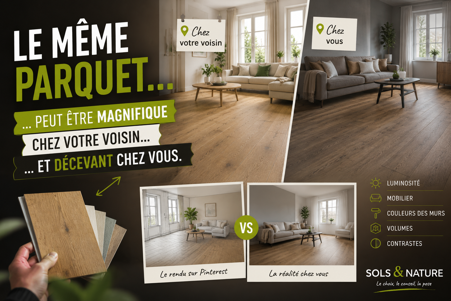 Le même parquet peut produire un rendu très différent selon la lumière, les meubles et les couleurs de votre intérieur.