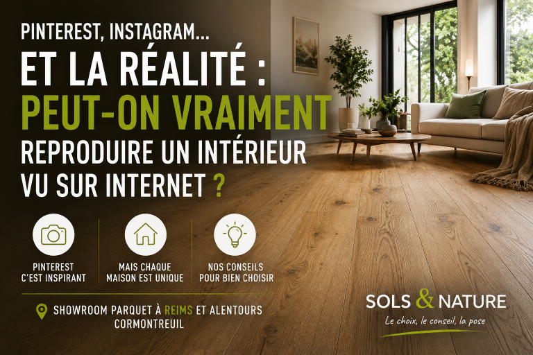Salon moderne avec parquet en chêne illustrant les différences entre une inspiration Pinterest et un projet réel de parquet à Reims.