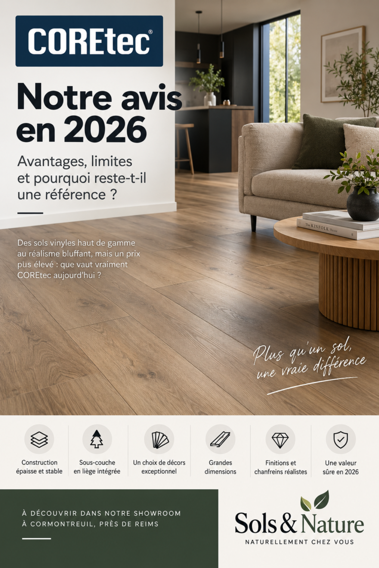 Sol COREtec imitation chêne dans un intérieur contemporain, illustrant notre avis sur ses avantages et ses limites en 2026.