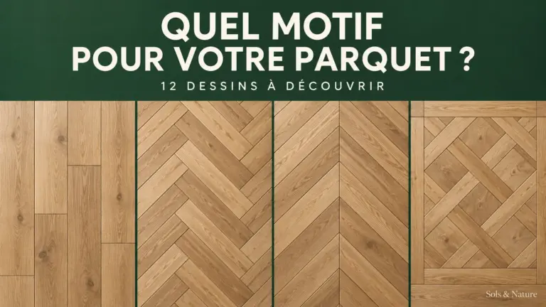 Composition montrant plusieurs motifs de parquet, dont lames droites, bâton rompu, point de Hongrie et dalle décorative.