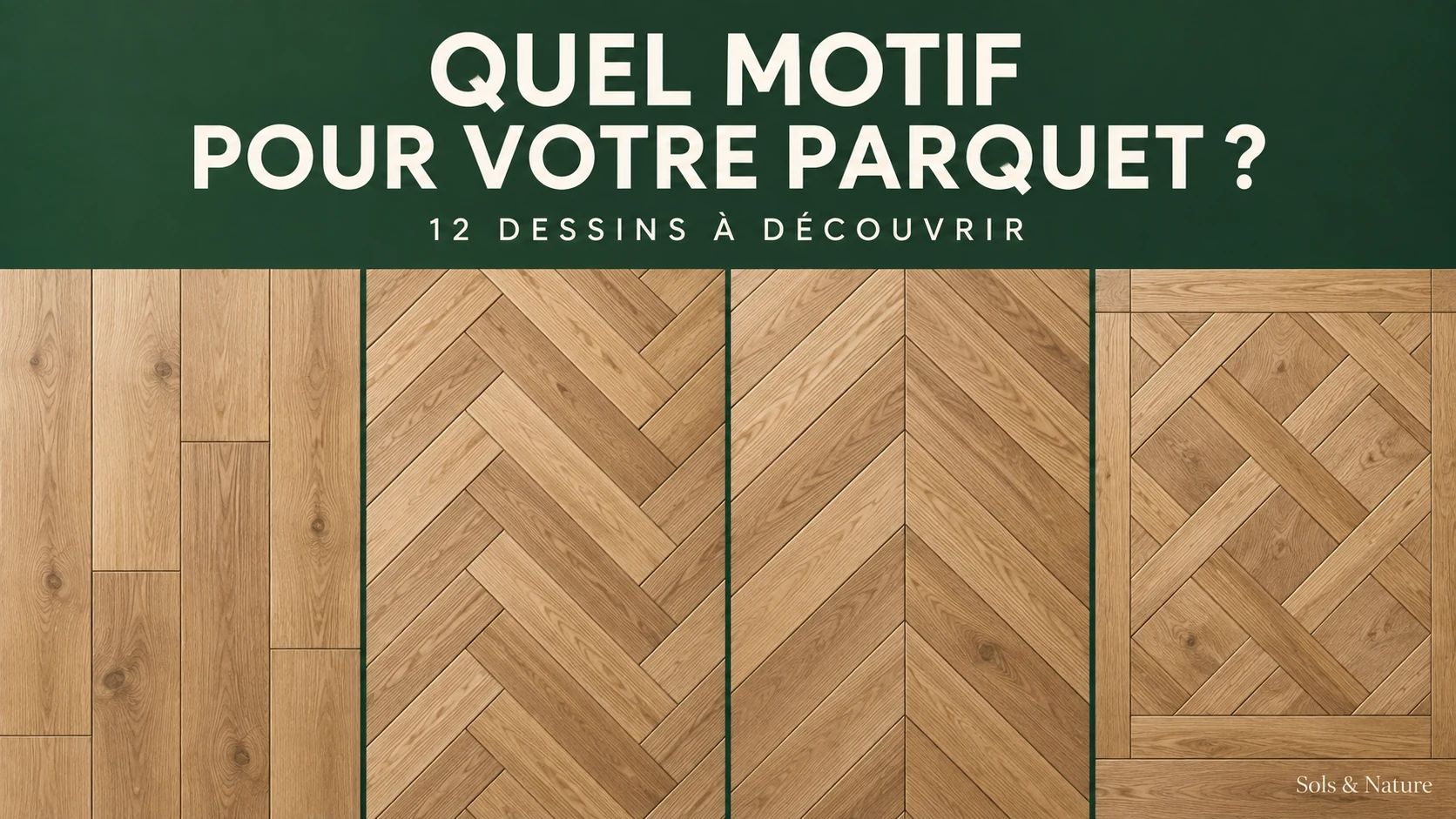 Composition montrant plusieurs motifs de parquet, dont lames droites, bâton rompu, point de Hongrie et dalle décorative.