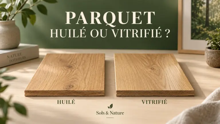 Illustration de deux échantillons de parquet en chêne côte à côte, identifiés « Huilé » et « Vitrifié ».