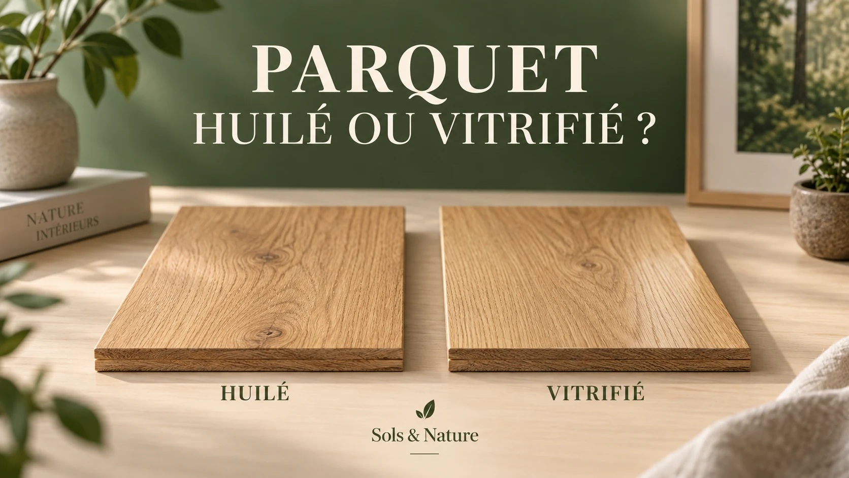 Illustration de deux échantillons de parquet en chêne côte à côte, identifiés « Huilé » et « Vitrifié ».