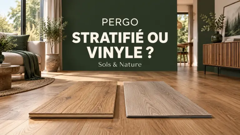 Deux échantillons de sols imitation chêne, clair et brun, présentés dans un intérieur aux tons bois et vert.