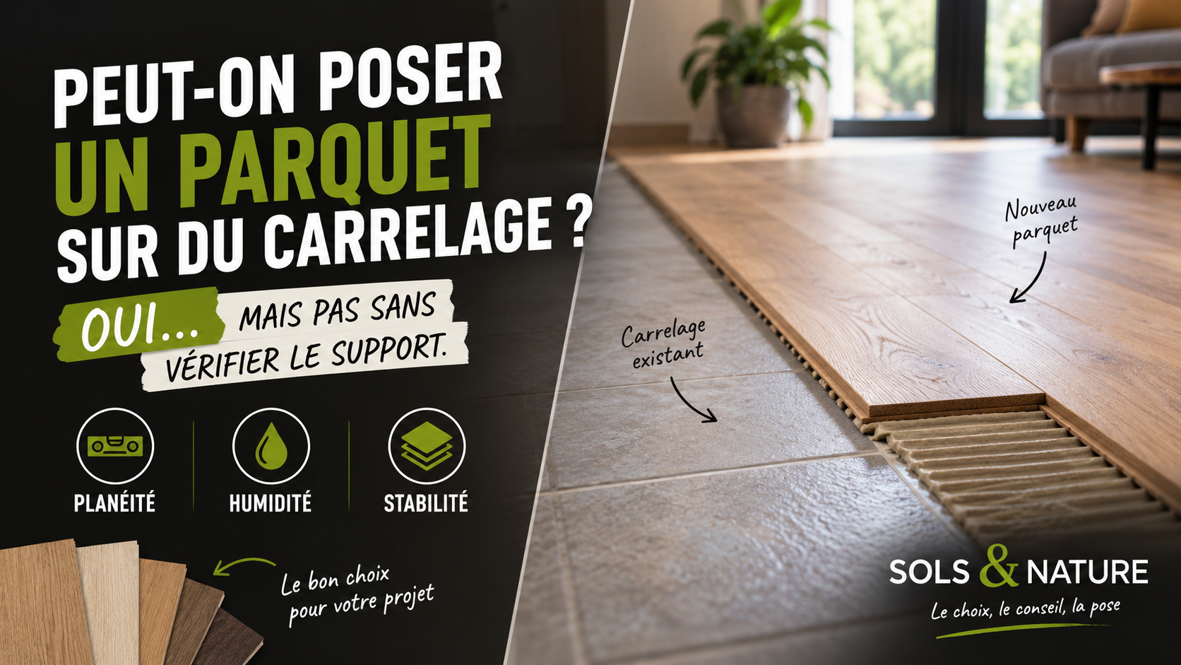 Pose d’un parquet sur un carrelage avec contrôle de la planéité du support avant collage.