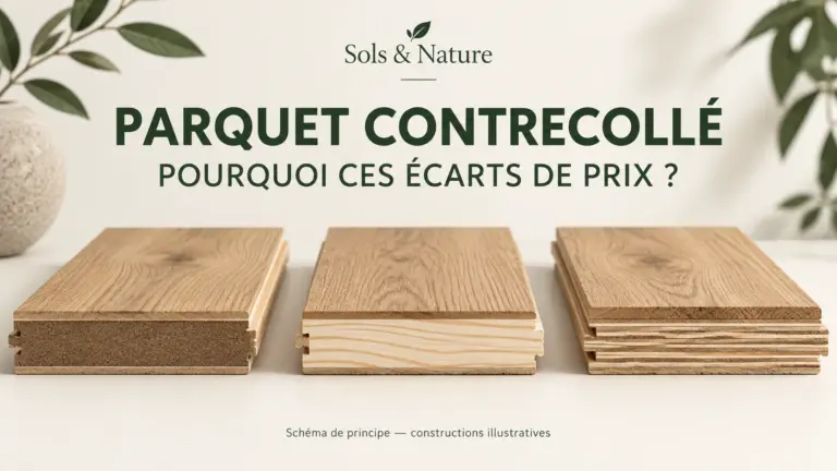 Schéma de principe de trois constructions de parquets contrecollés, avec différents parements et supports.