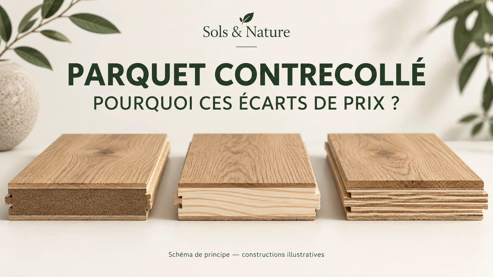 Schéma de principe de trois constructions de parquets contrecollés, avec différents parements et supports.