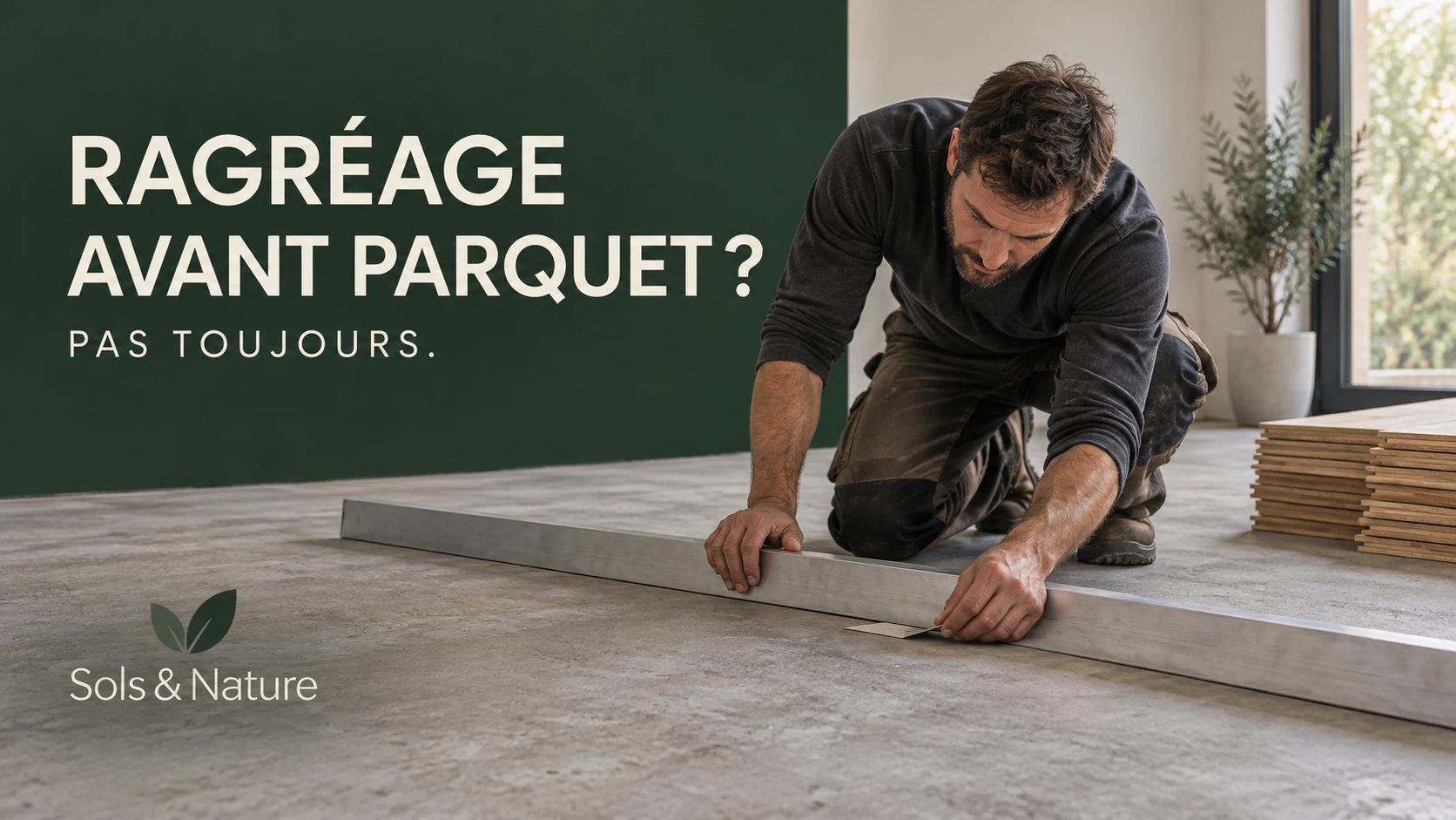 Professionnel contrôlant la planéité d’un support avec une règle avant la pose d’un parquet.