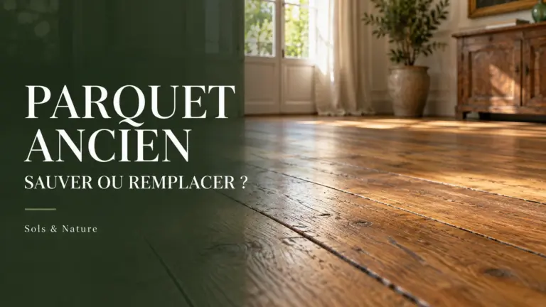 Illustration d’un parquet ancien aux lames dorées et marquées par l’usure, avec la question « Sauver ou remplacer ? ».