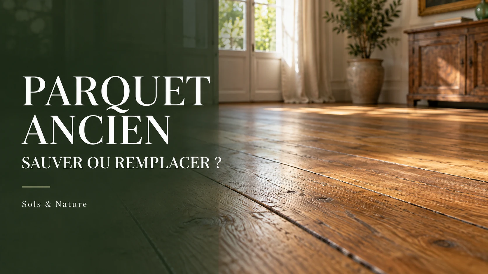 Illustration d’un parquet ancien aux lames dorées et marquées par l’usure, avec la question « Sauver ou remplacer ? ».