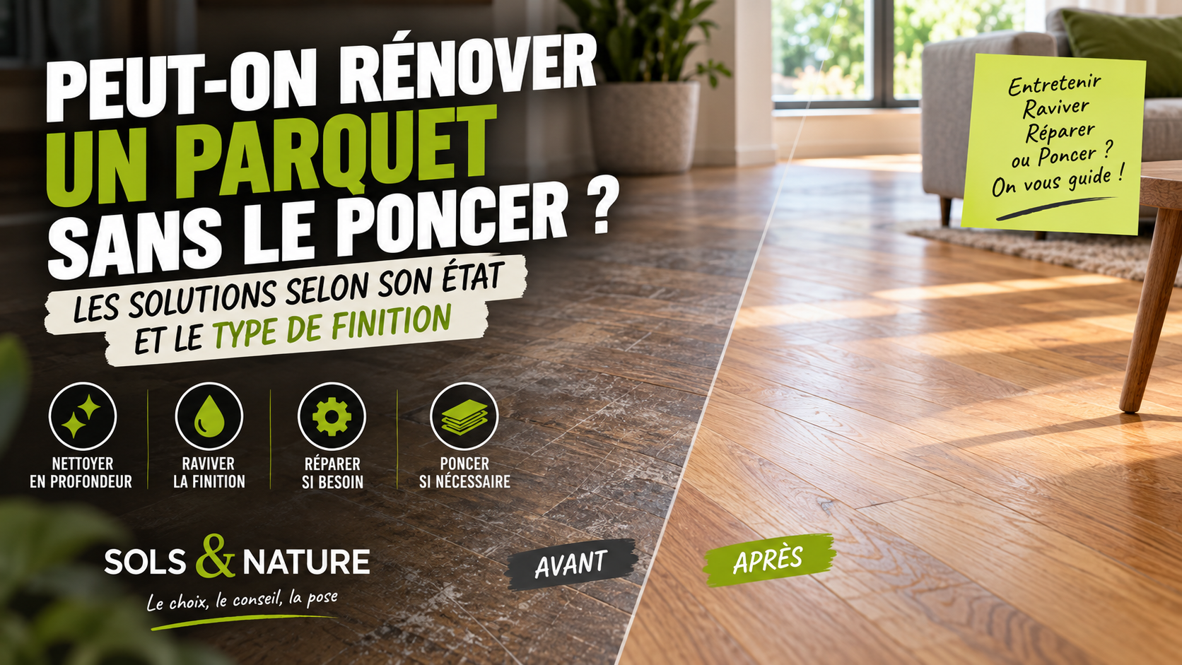Comparaison avant-après d’un parquet usé puis rénové, illustrant les solutions possibles avant un ponçage complet.