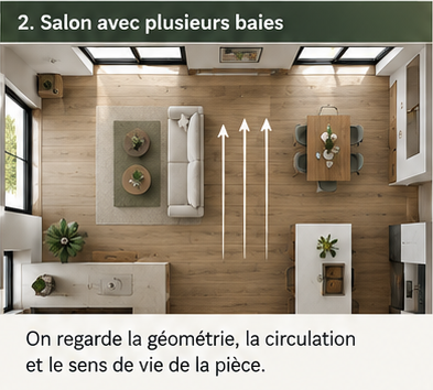 Plan d’un salon avec plusieurs baies vitrées : orientation du parquet selon la géométrie et la circulation.